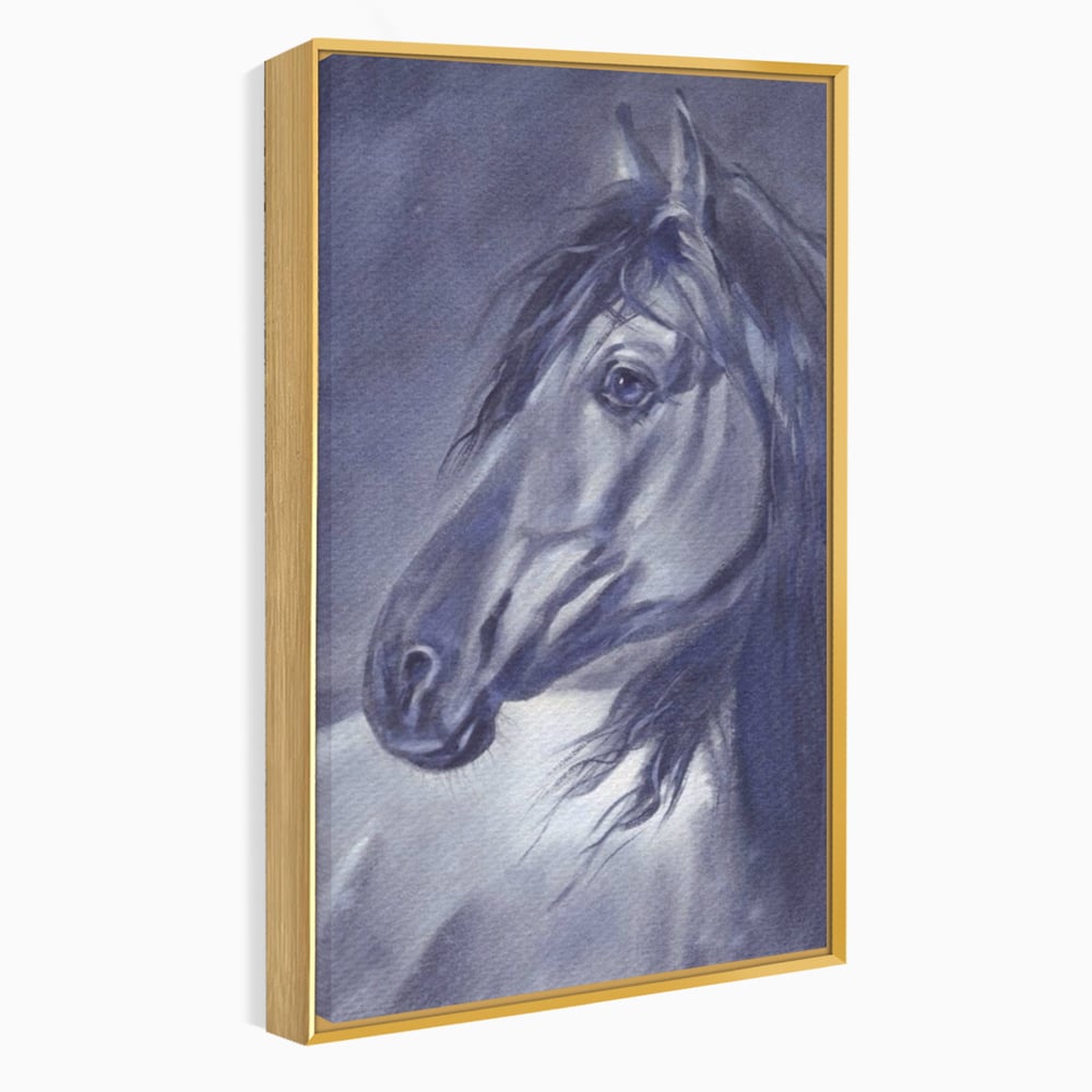 Tablou canvas cu tablou canvas cu portret de cal gri, in rama de aluminiu auriu